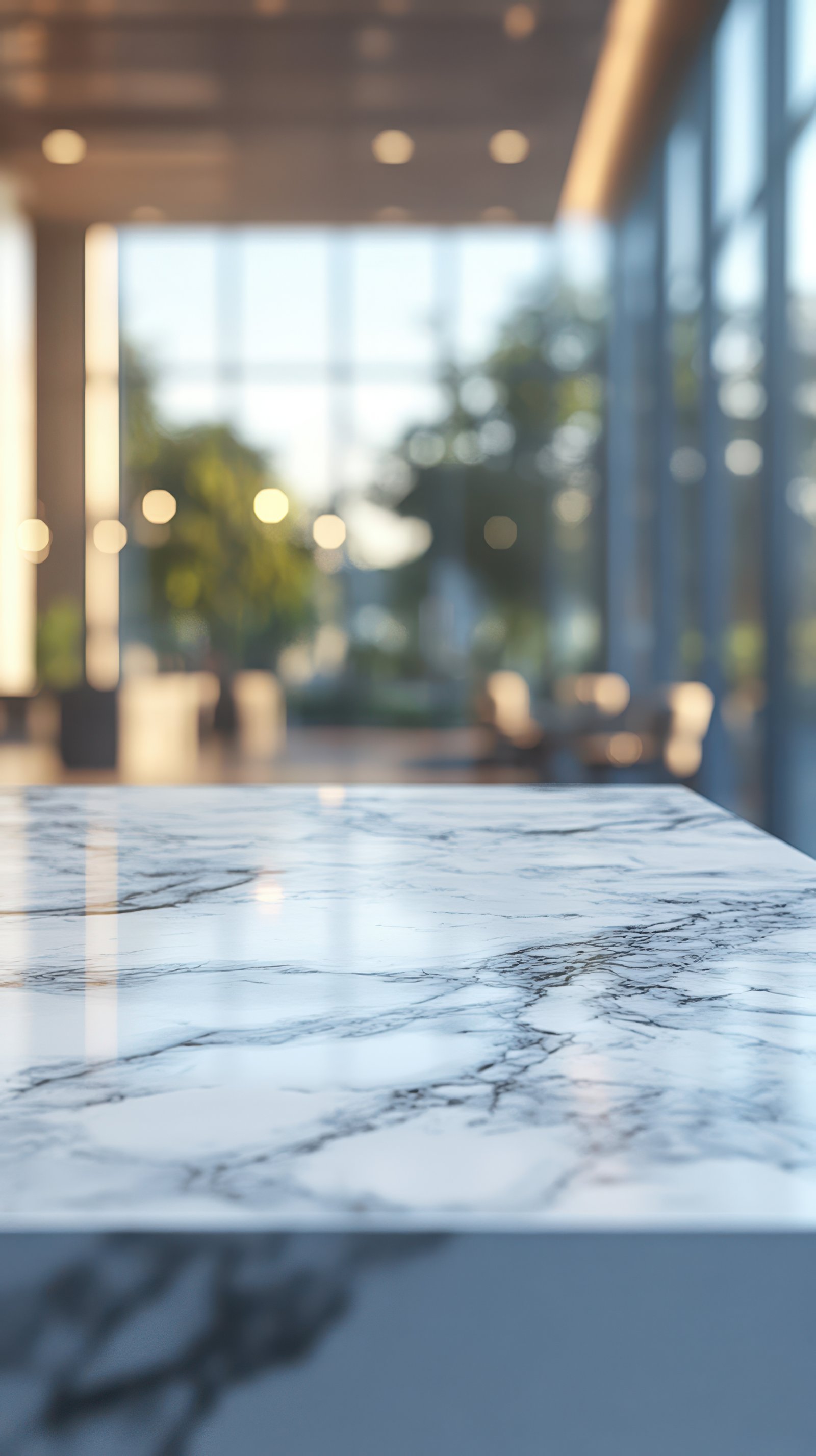 Elegant marble countertop in a modern café showcasing bright natural light and lush greenery in the background